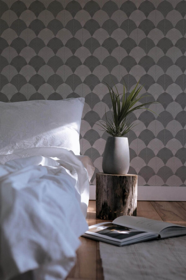 Minimal scandinavian style bedroom decorated with Antique Art deco peel and stick wallpaper