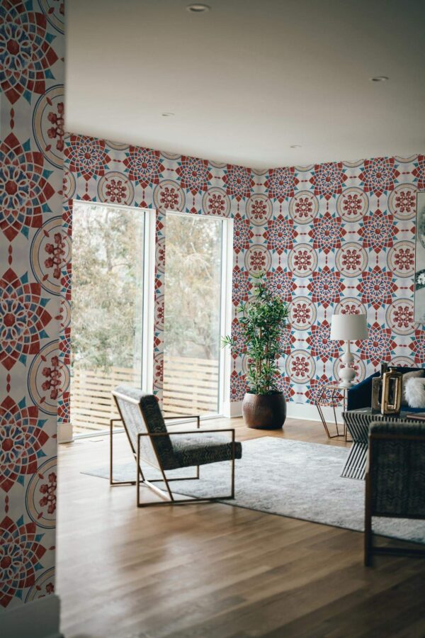 Modern style living room decorated with Arabesque tile peel and stick wallpaper