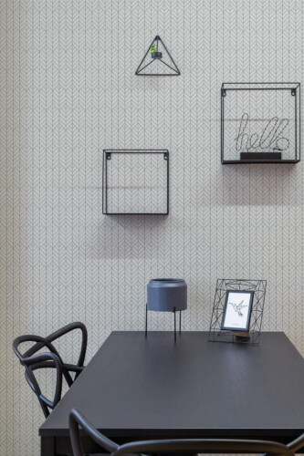 Industrial modern style dining room decorated with Art deco abstract peel and stick wallpaper