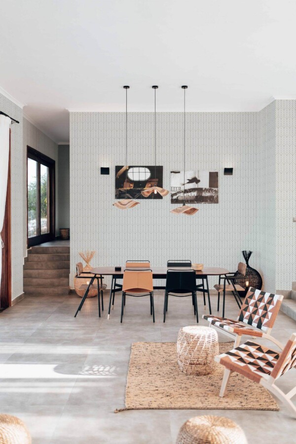 Modern boho style living dining room decorated with Art deco abstract peel and stick wallpaper