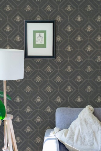 Eastern European style living room decorated with Art deco bee peel and stick wallpaper
