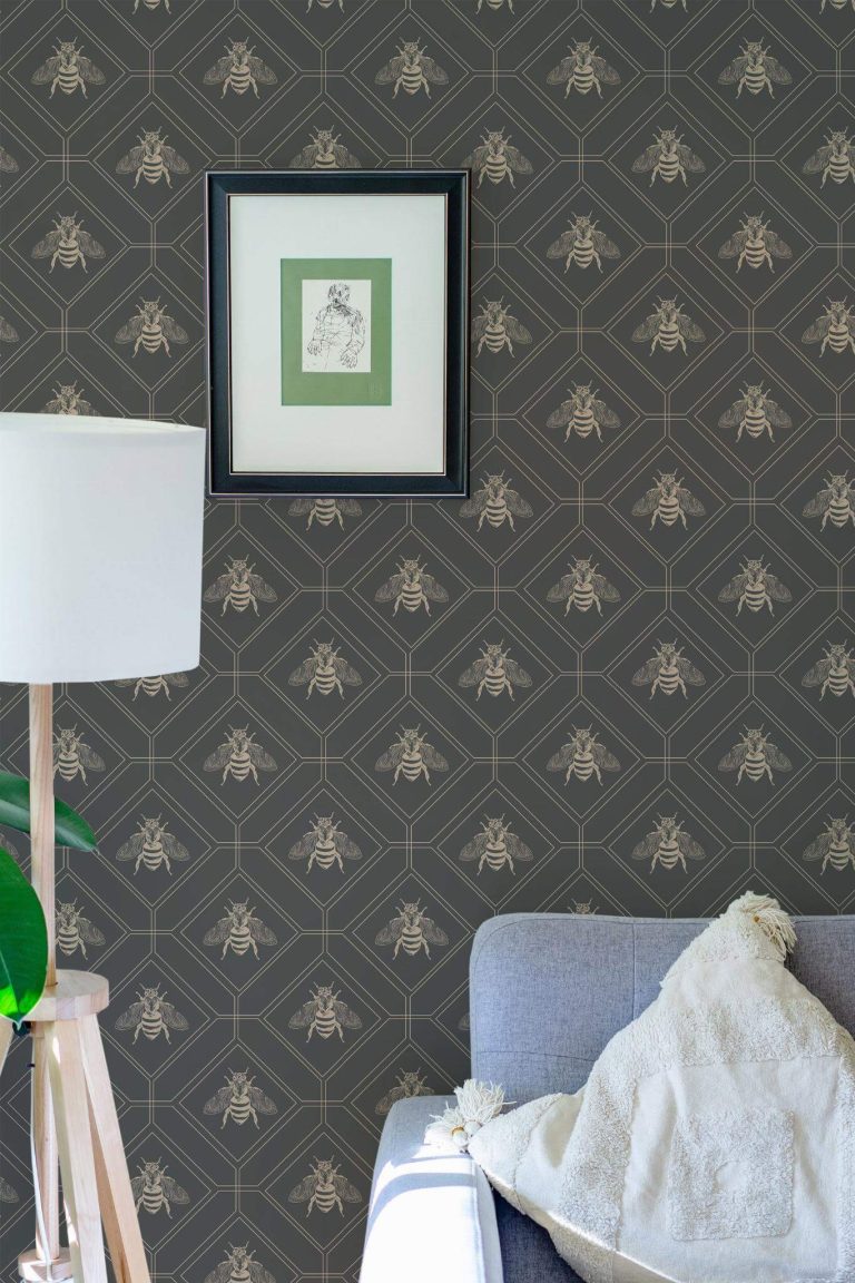 Eastern European style living room decorated with Art deco bee peel and stick wallpaper