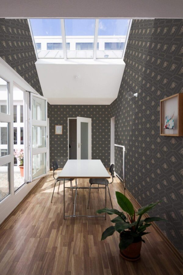 Minimal style dining room next to a balcony decorated with Art deco bee peel and stick wallpaper