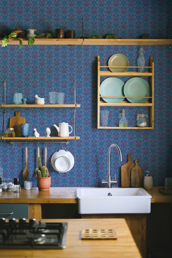 Traditional wallpaper in powder blue damask for sophisticated interiors by Fancy Walls
