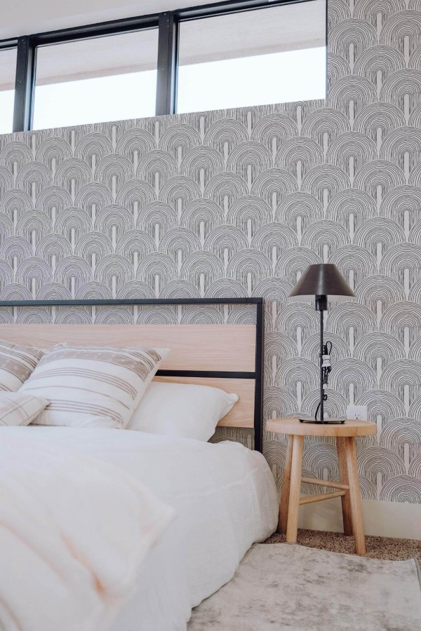 Eastern European style bedroom decorated with Art deco boho peel and stick wallpaper