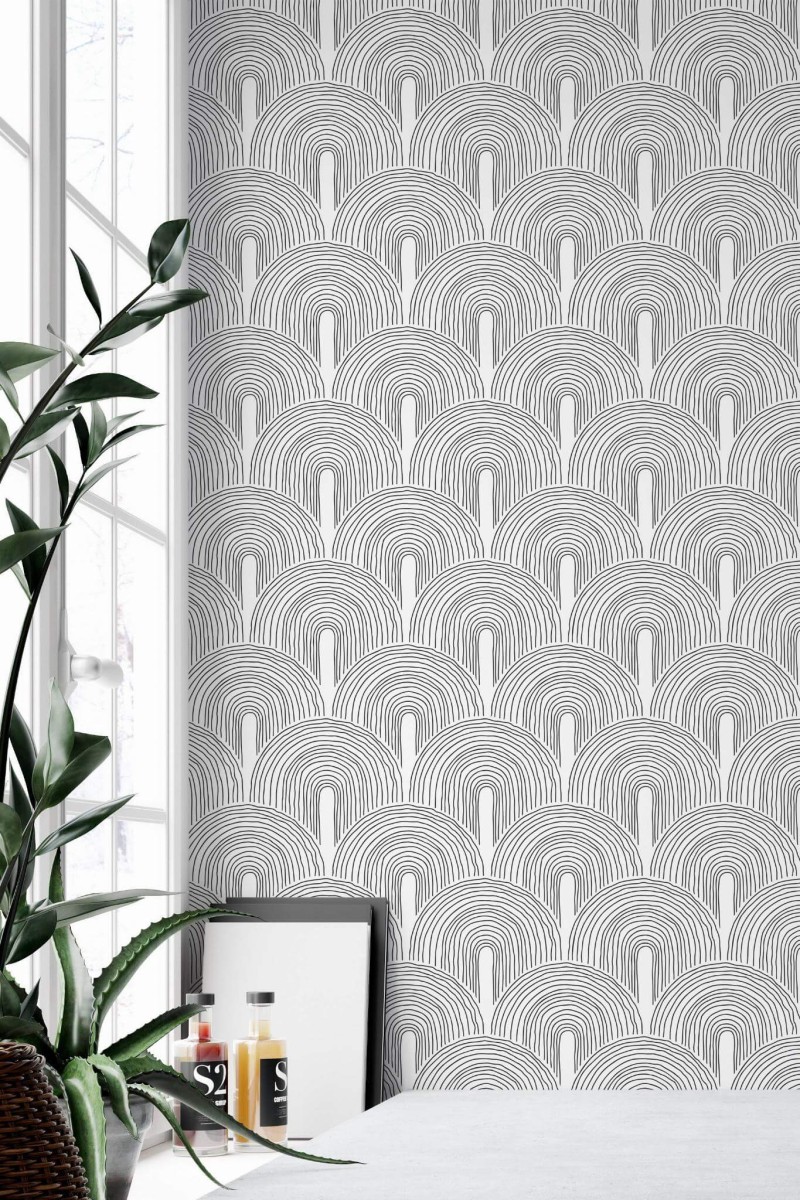 Minimal style home office decorated with Art deco boho peel and stick wallpaper