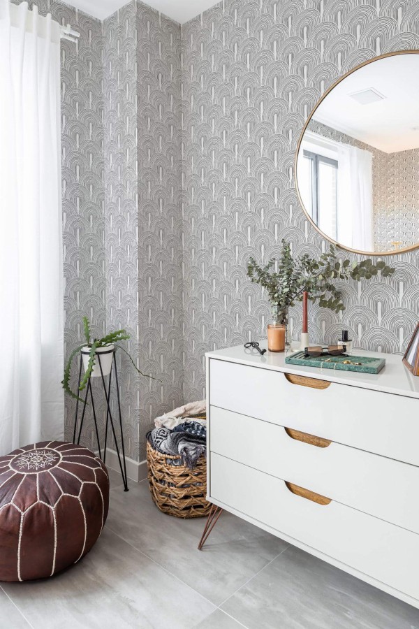 Scandinavian style bedroom decorated with Art deco boho peel and stick wallpaper and Mediterranean accents