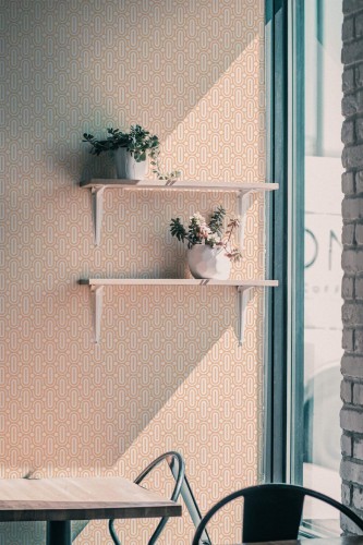 Industrial style cafe decorated with Art deco ellipse peel and stick wallpaper