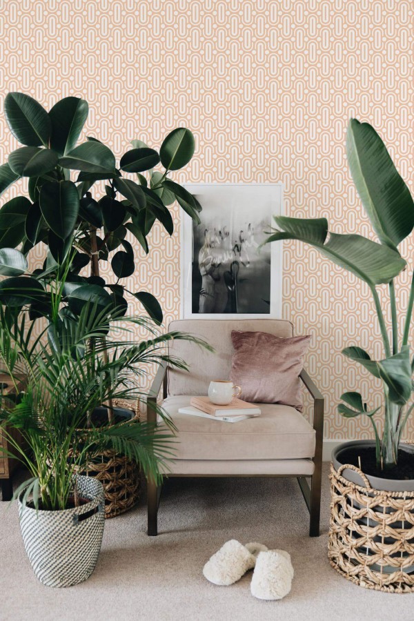 Modern boho style living room decorated with Art deco ellipse peel and stick wallpaper