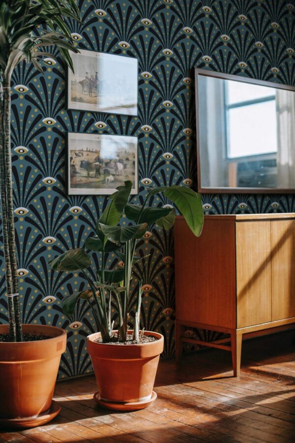 Mid-century modern style living room decorated with Art deco eyes peel and stick wallpaper
