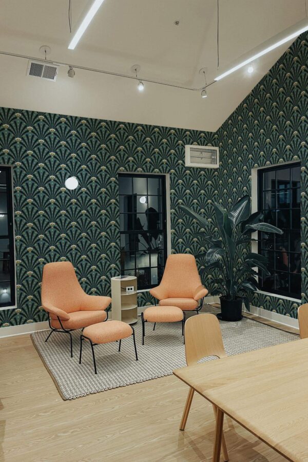 Minimal style living room decorated with Art deco eyes peel and stick wallpaper and mid-century style chairs