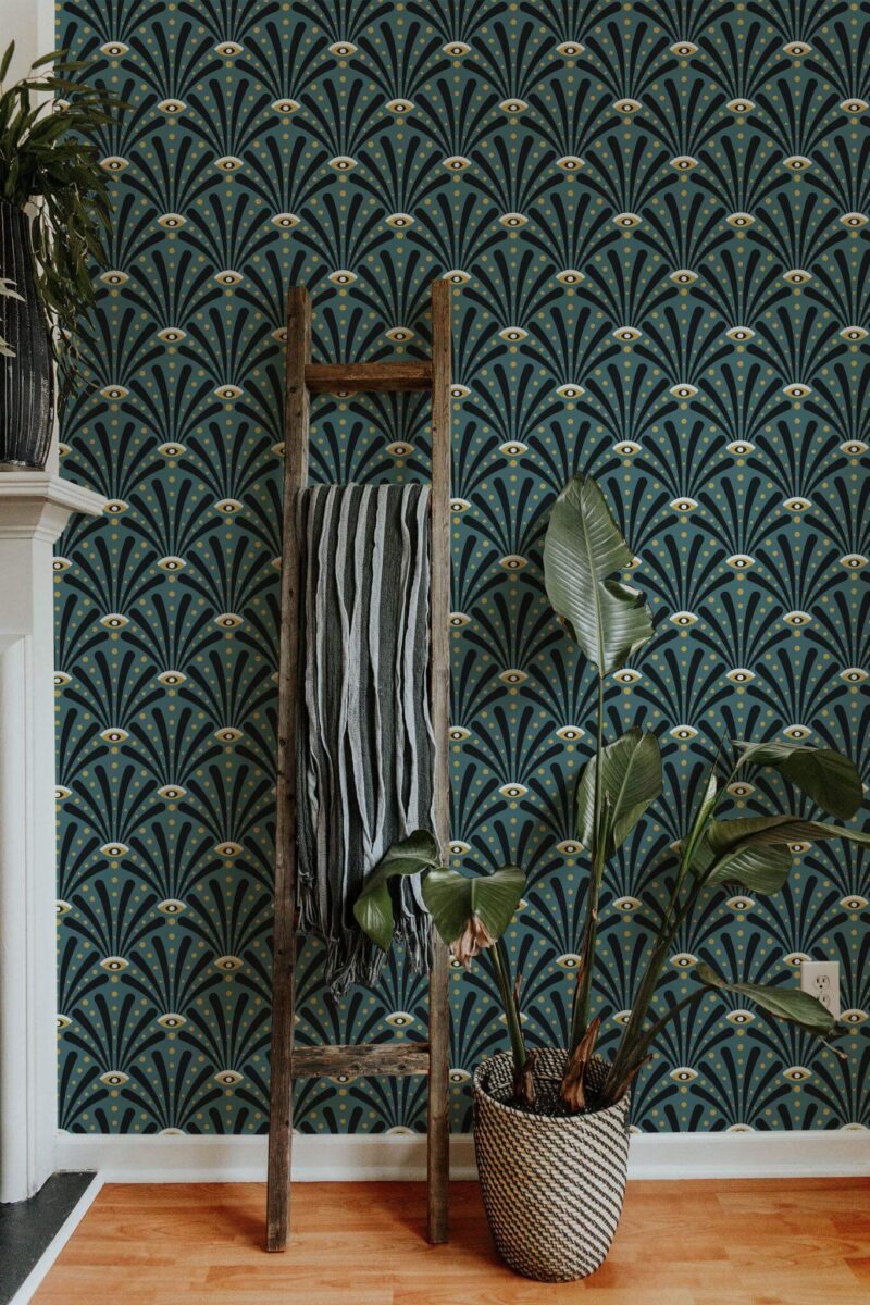 Scandinavian style living room decorated with Art deco eyes peel and stick wallpaper