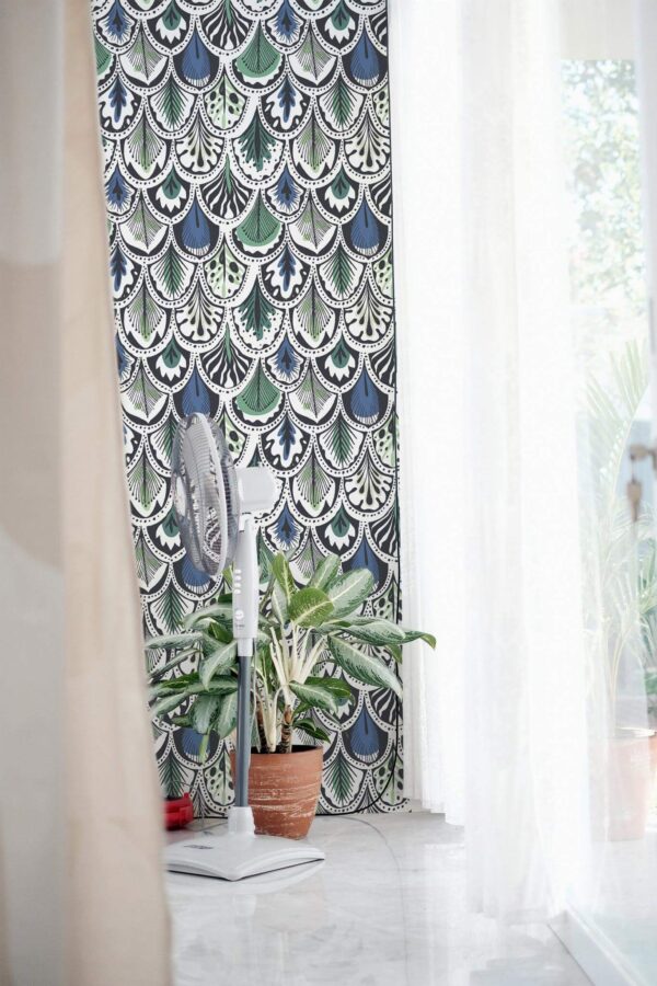 Minimal style living room decorated with Art deco Feather peel and stick wallpaper