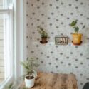 Farmhouse style home office decorated with Art deco floral peel and stick wallpaper