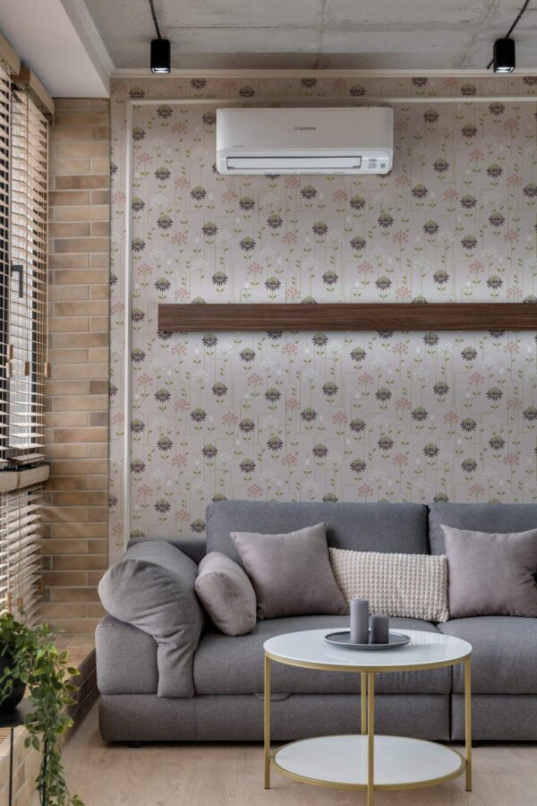 Scandinavian style living room decorated with Art deco floral peel and stick wallpaper