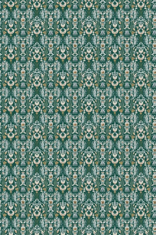 Self-adhesive wallpaper featuring art deco green damask by Fancy Walls