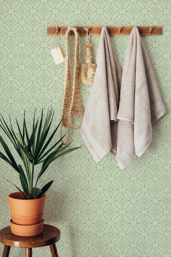 Boho style bathroom decorated with Art deco green peel and stick wallpaper