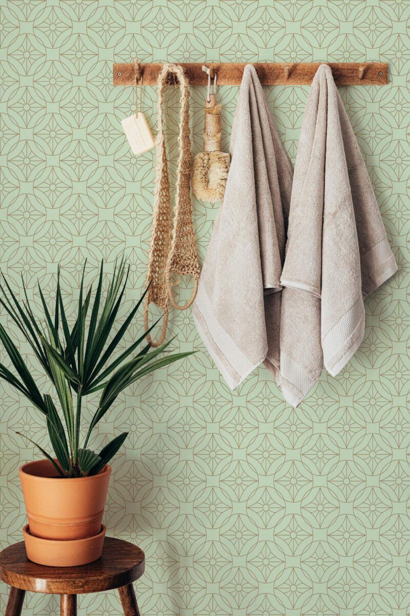 Boho style bathroom decorated with Art deco green peel and stick wallpaper