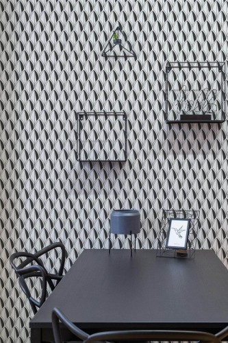 Industrial modern style dining room decorated with Art deco leaf peel and stick wallpaper