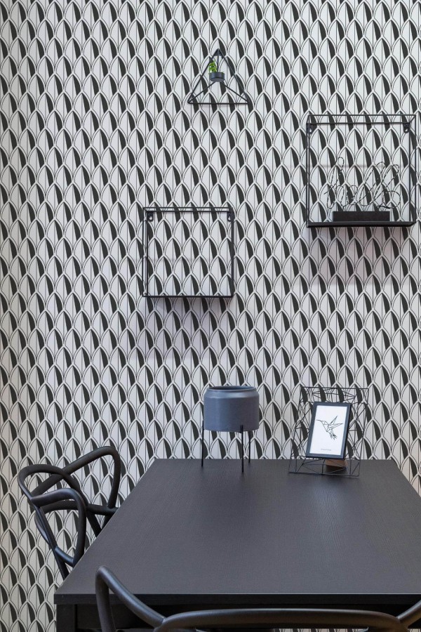 Industrial modern style dining room decorated with Art deco leaf peel and stick wallpaper