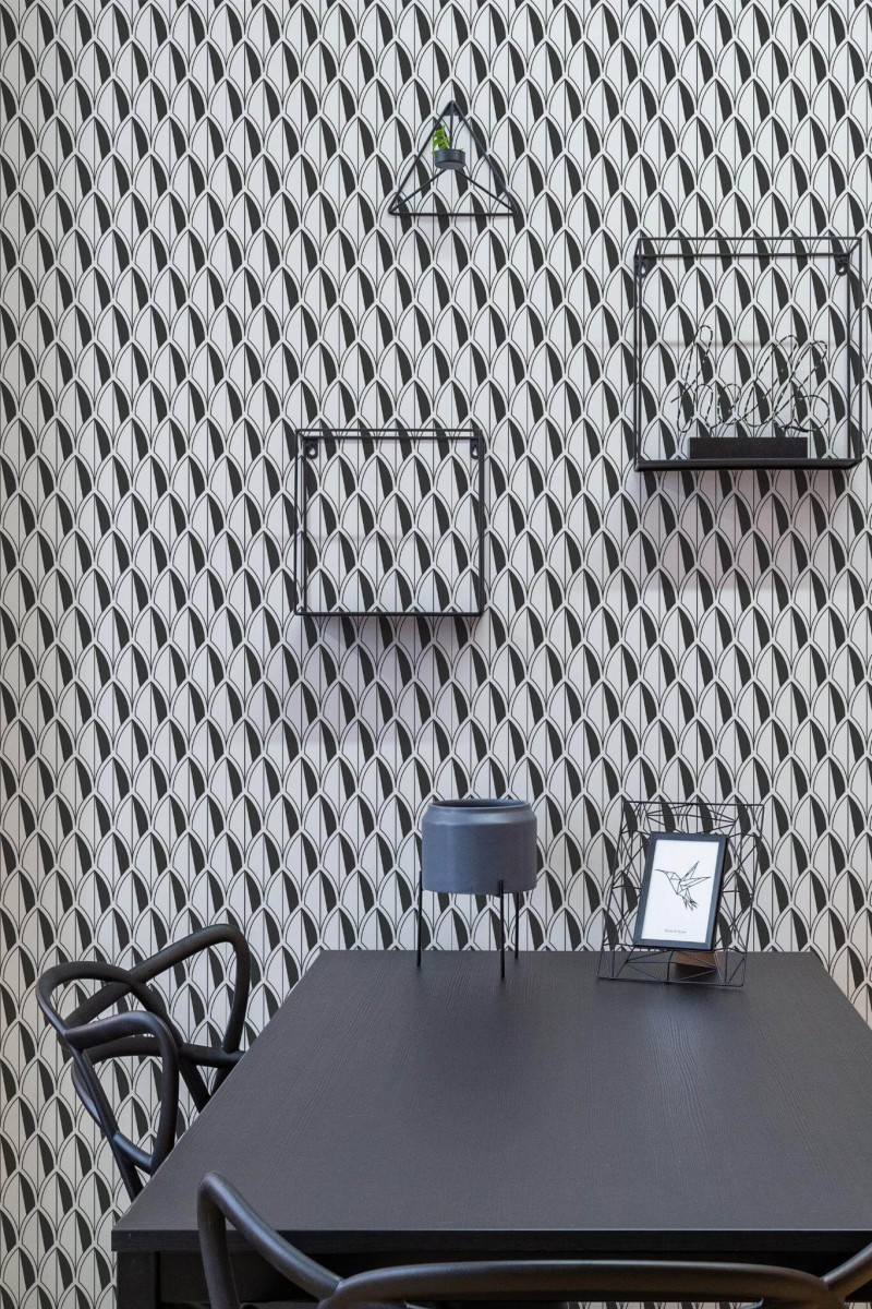 Industrial modern style dining room decorated with Art deco leaf peel and stick wallpaper