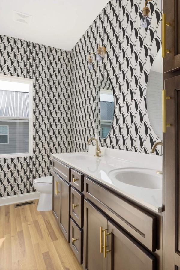 Modern rustic style powder room decorated with Art deco leaf peel and stick wallpaper