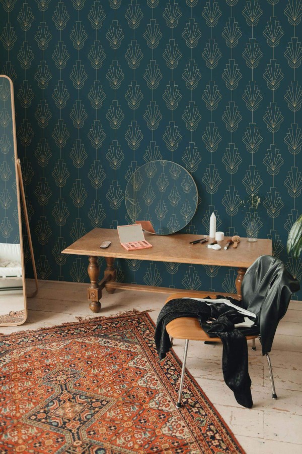 Rustic eclectic style powder room decorated with Art deco modern peel and stick wallpaper