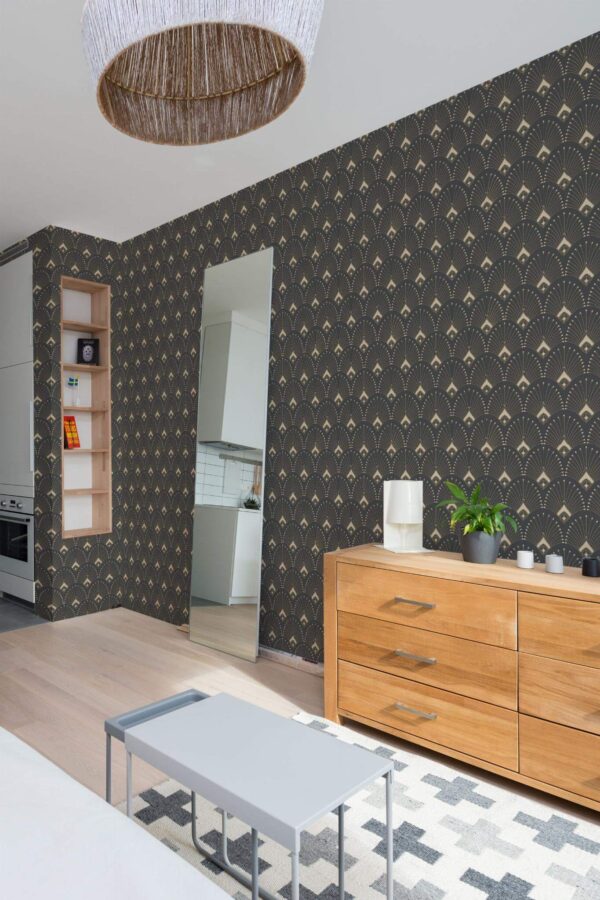 Scandinavian style small apartment decorated with Art deco peel and stick wallpaper