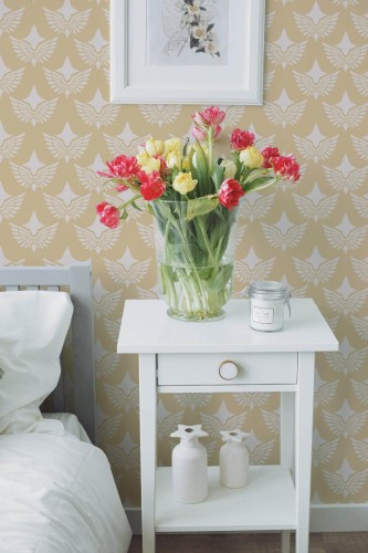 Farmhouse style bedroom decorated with Art deco wings peel and stick wallpaper