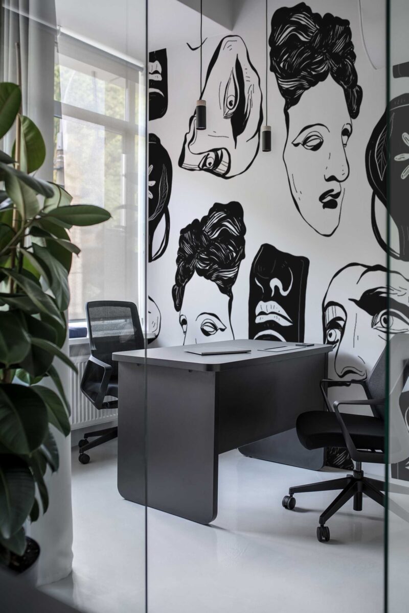 Black and White David Wall Mural with bold Greek sculptures in monochrome, ideal for offices, studios, and modern accent walls.