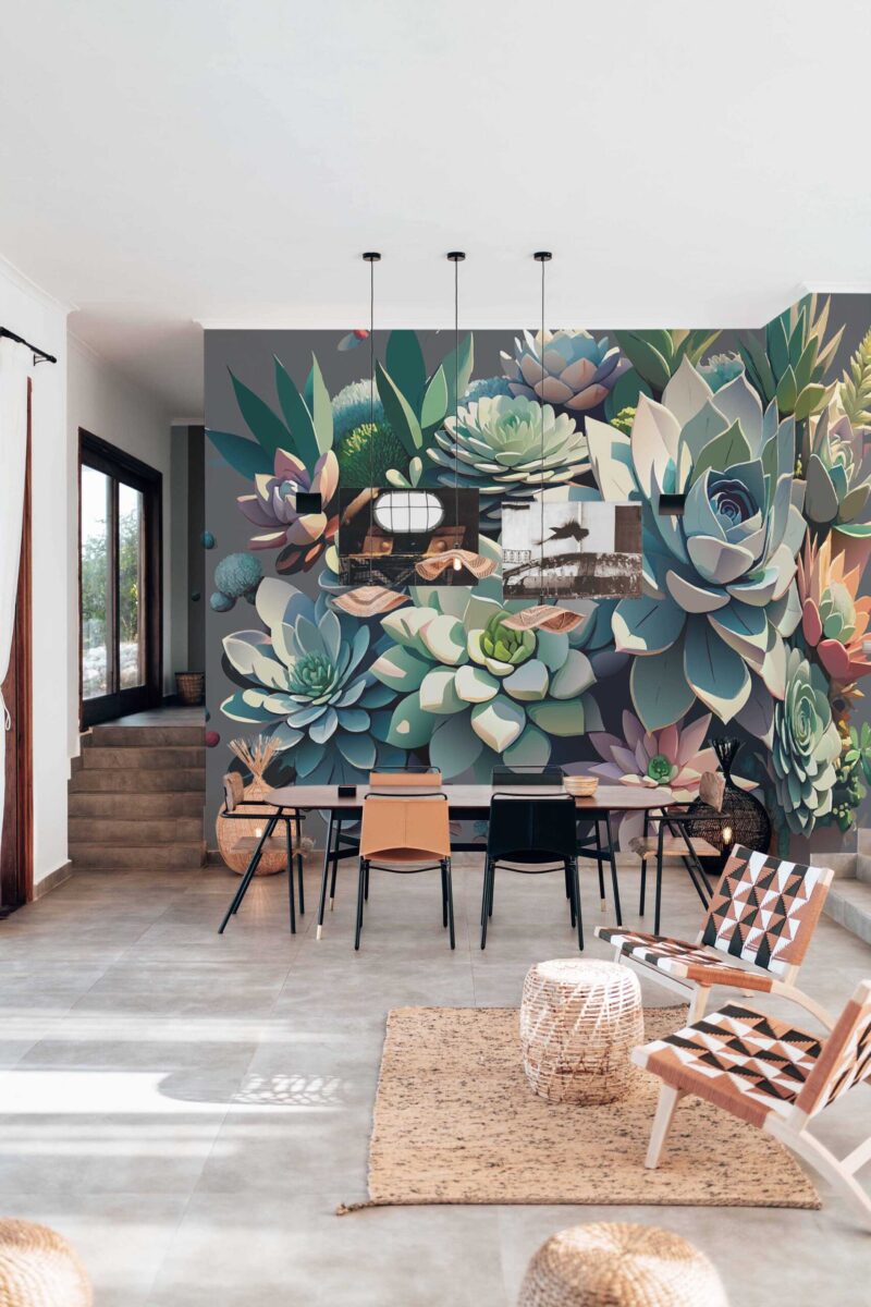 3D Effect Imitation Succulents Wall Mural with bold green succulents in a three-dimensional style, ideal for living rooms, botanical spaces, or modern interiors.