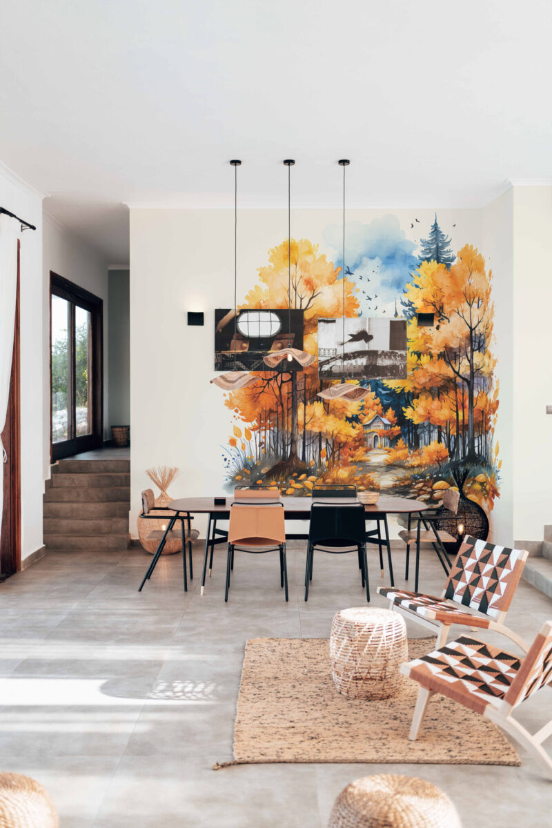 Vibrant Forest Wall Mural with glowing orange autumn trees and soft blue accents on a light beige background, perfect for living rooms, reading nooks, or cozy accent walls.