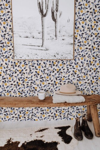 Scandinavian style entryway decorated with Autumn branch peel and stick wallpaper