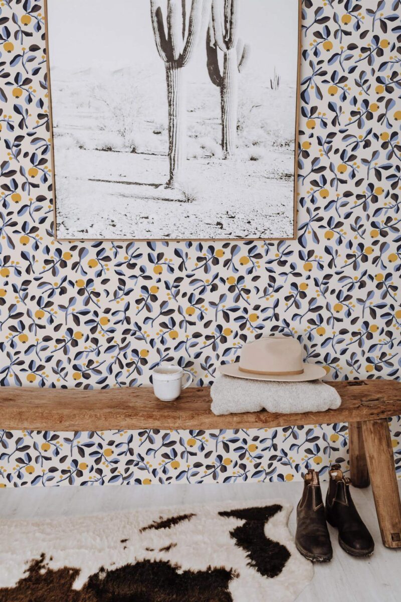 Scandinavian style entryway decorated with Autumn branch peel and stick wallpaper