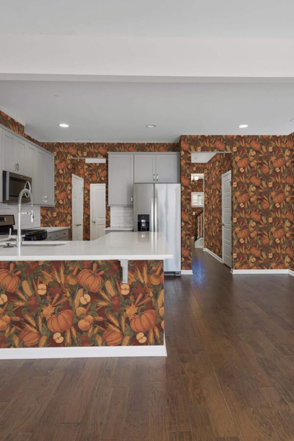Minimal scandinavian style kitchen decorated with Autumn farmhouse peel and stick wallpaper