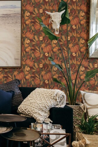 Scandinavian style living room decorated with Autumn farmhouse peel and stick wallpaper