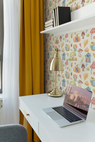 Scandinavian style home office decorated with Autumn feel peel and stick wallpaper