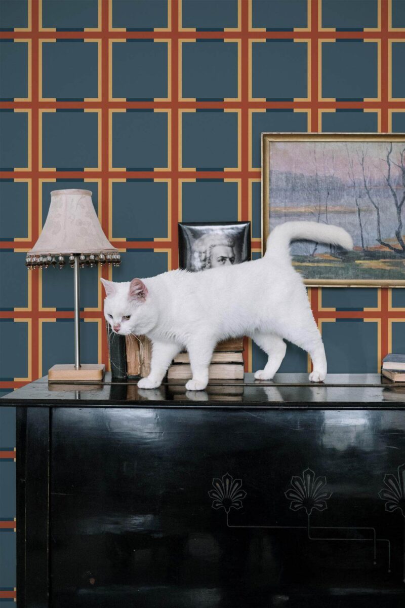 Industrial style music room decorated with Autumn geometry peel and stick wallpaper