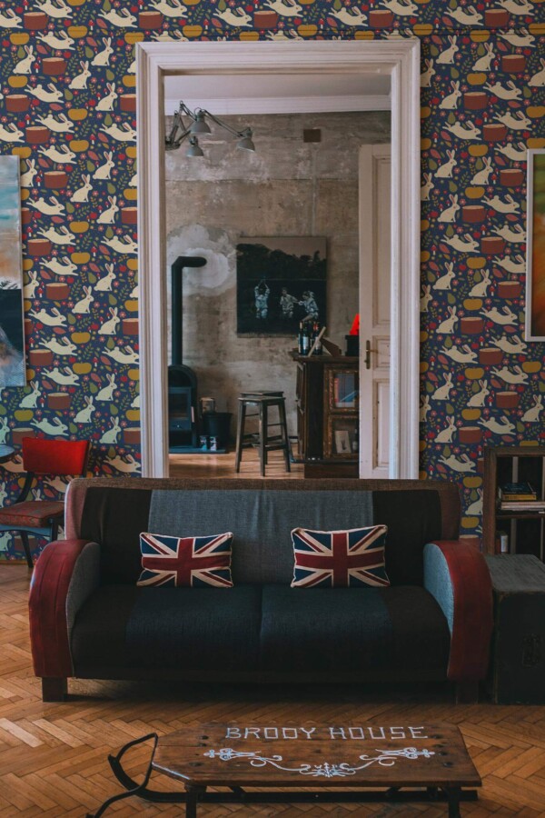 Industrial rustic style living dining room decorated with Autumn nursery peel and stick wallpaper