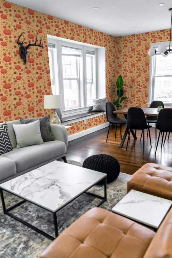 Mid-century modern scandinavian style living dining room decorated with Autumn pumpkin peel and stick wallpaper
