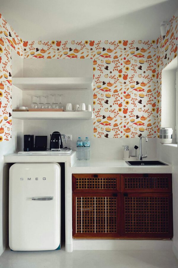 Rustic minimal style kitchen decorated with Autumn thanksgiving peel and stick wallpaper