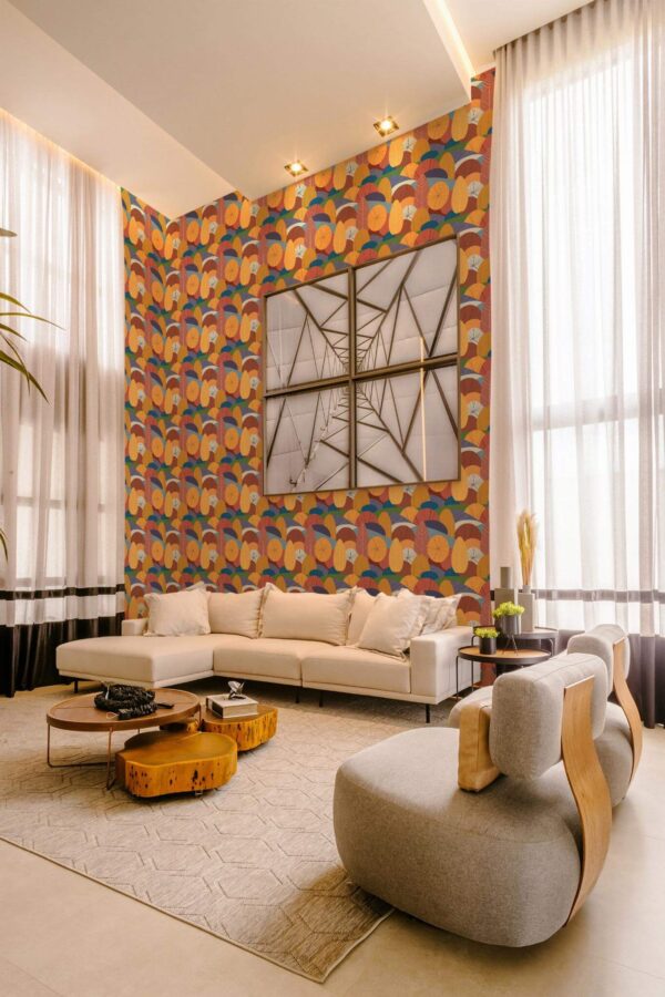 Contemporary style living room decorated with Autumn trees peel and stick wallpaper