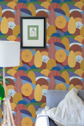 Eastern European style living room decorated with Autumn trees peel and stick wallpaper