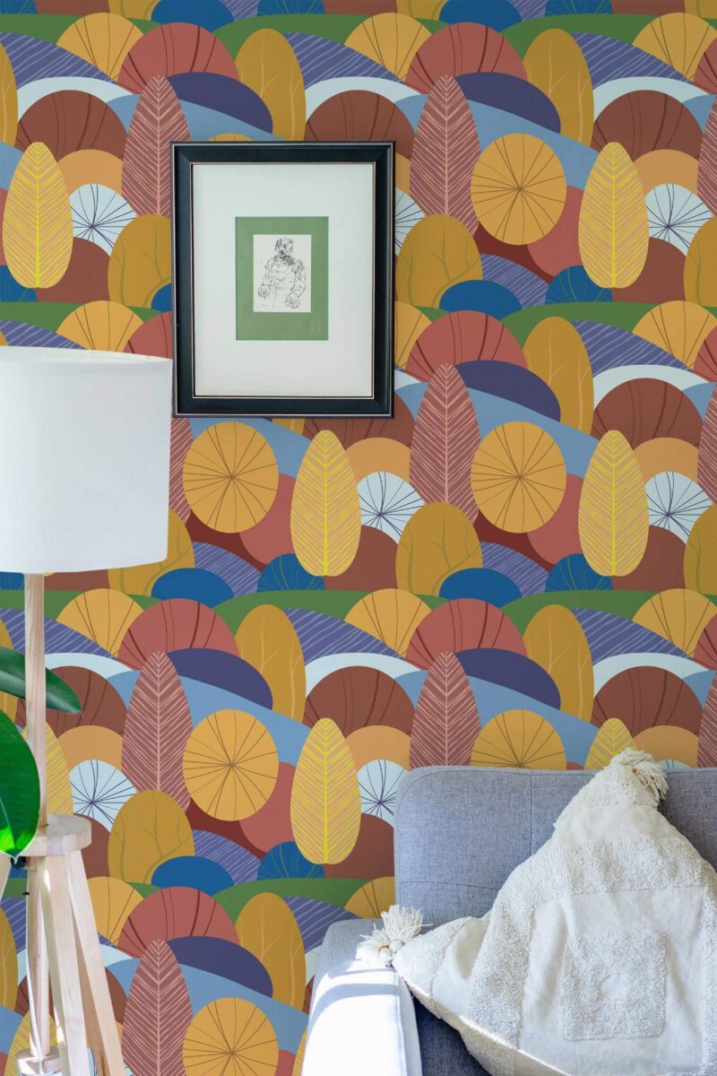 Eastern European style living room decorated with Autumn trees peel and stick wallpaper