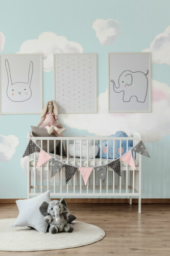 Sunny Cloudscape peel and stick or non-pasted wall mural. Fancy Walls removable self-adhesive or traditional nature clouds eco-friendly and PVC-free nursery mural for walls.