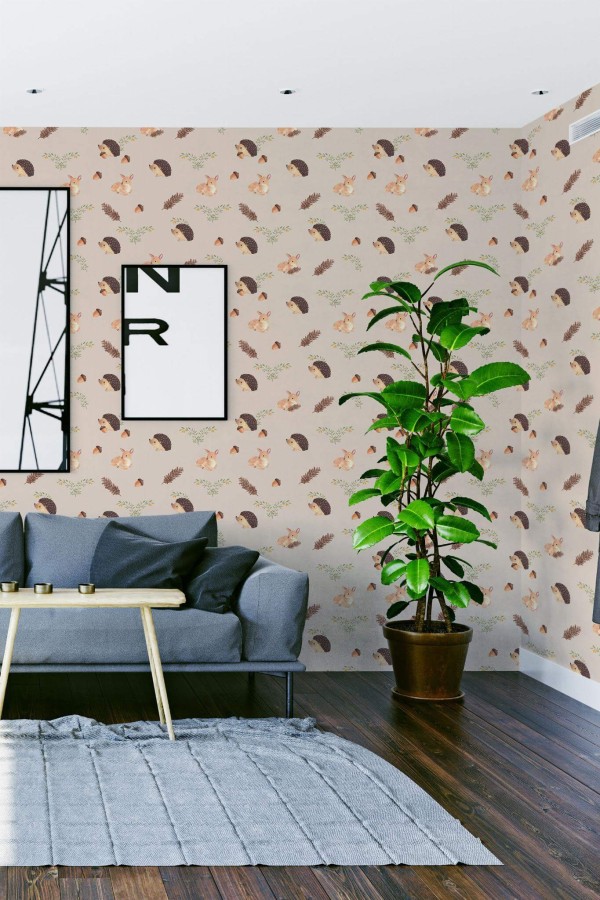 Modern scandinavian style living room decorated with Baby animals peel and stick wallpaper