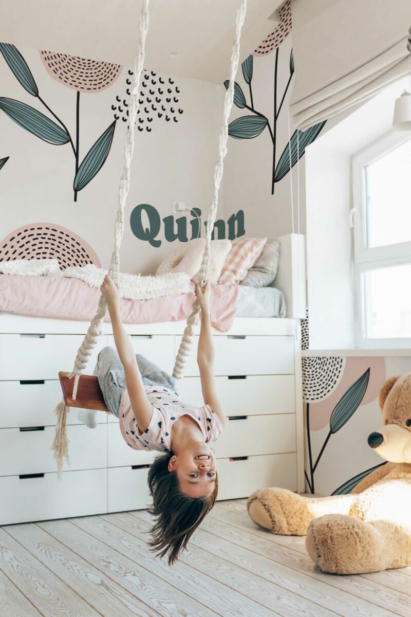 Beige Blossom Custom Name peel and stick or non-pasted wall mural. Fancy Walls removable self-adhesive or traditional boho botanical eco-friendly and PVC-free nursery mural for wall.