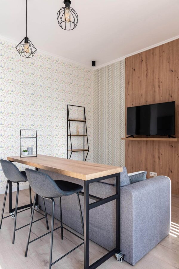 Scandinavian style open living room decorated with Baby room peel and stick wallpaper