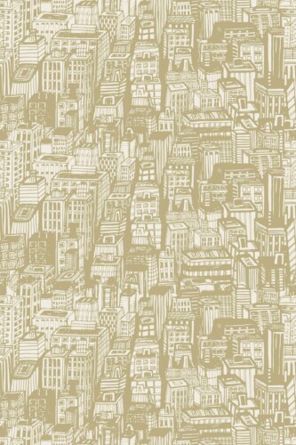 A close-up of the Town Bakery wallpaper reveals the intricate green cityscape pattern on a beige base. Featuring overlapping buildings and eclectic town elements, this seamless design suits interiors that need subtle movement and story. Best for bakery walls, small cafés, or creative living spaces with a warm, hand-drawn aesthetic.