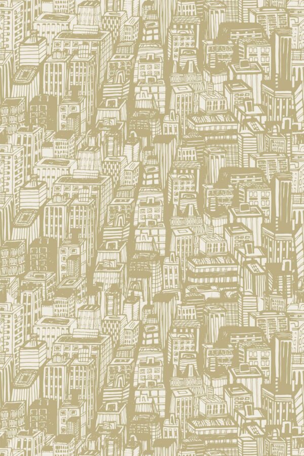 A close-up of the Town Bakery wallpaper reveals the intricate green cityscape pattern on a beige base. Featuring overlapping buildings and eclectic town elements, this seamless design suits interiors that need subtle movement and story. Best for bakery walls, small cafés, or creative living spaces with a warm, hand-drawn aesthetic.